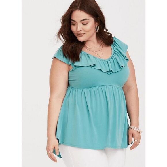 Torrid NWT Studio Knit V-Neck Ruffle Babydoll Tank Seafoam Green Size 4 4X - Picture 1 of 5